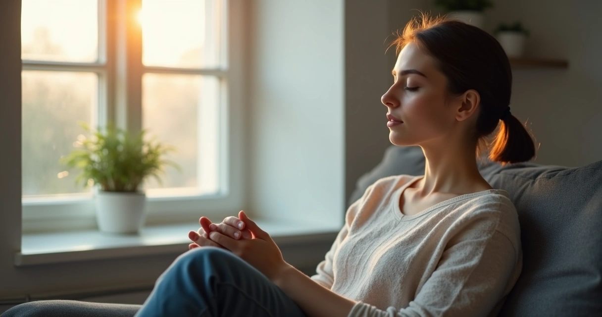 Pessoa sentada calmamente com olhos fechados, mãos apoiadas no colo, ao lado de uma janela iluminada por luz suave, ambiente neutro e tranquilo 