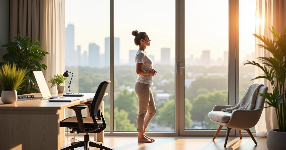 Pessoa fazendo meditação ativa em pé perto da janela de um escritório moderno 