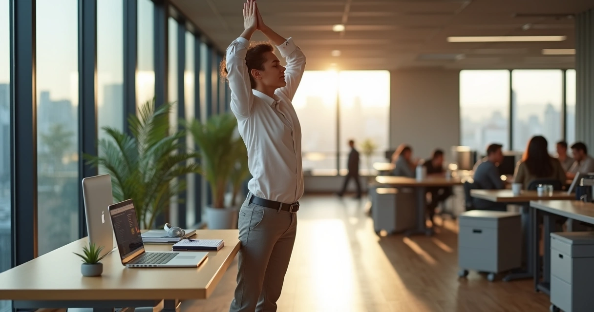 Profissional em pé alongando e respirando ao lado da mesa de trabalho 