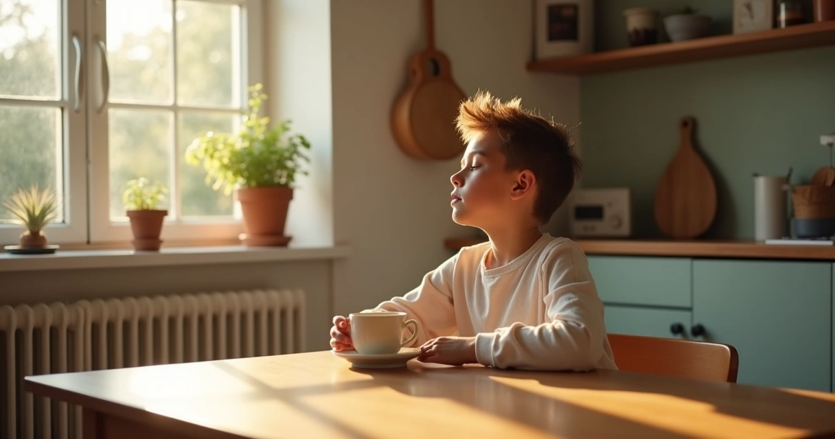 Pessoa sentada à mesa com uma caneca de café, olhos fechados em pausa breve de meditação