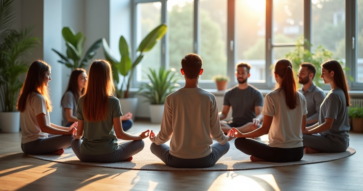 Colaboradores sentados em círculo fazendo pausa de meditação.