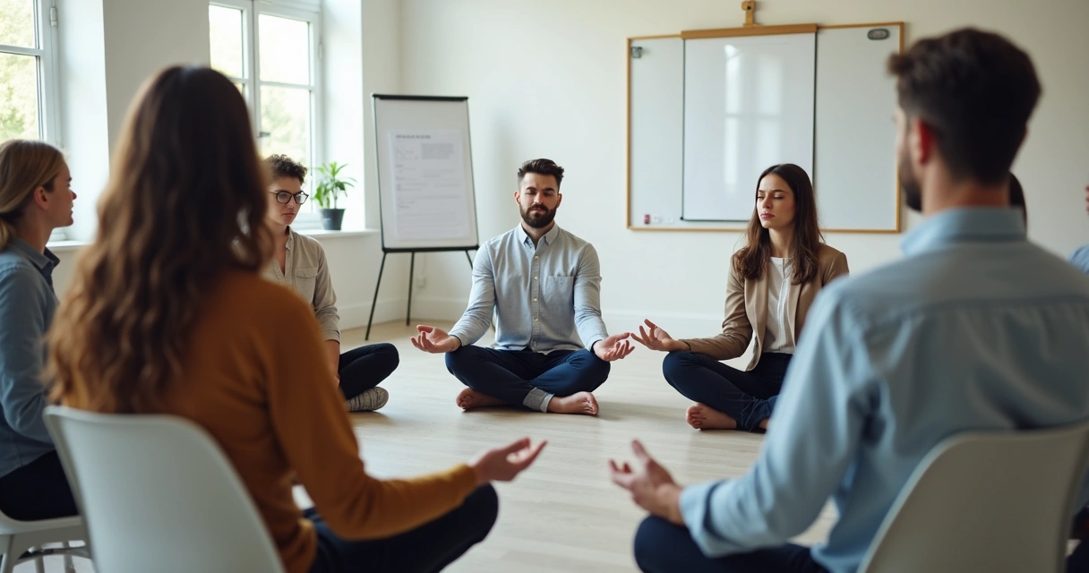 Equipe de trabalho em círculo sentados, fazendo uma pausa de meditação antes de reunião 