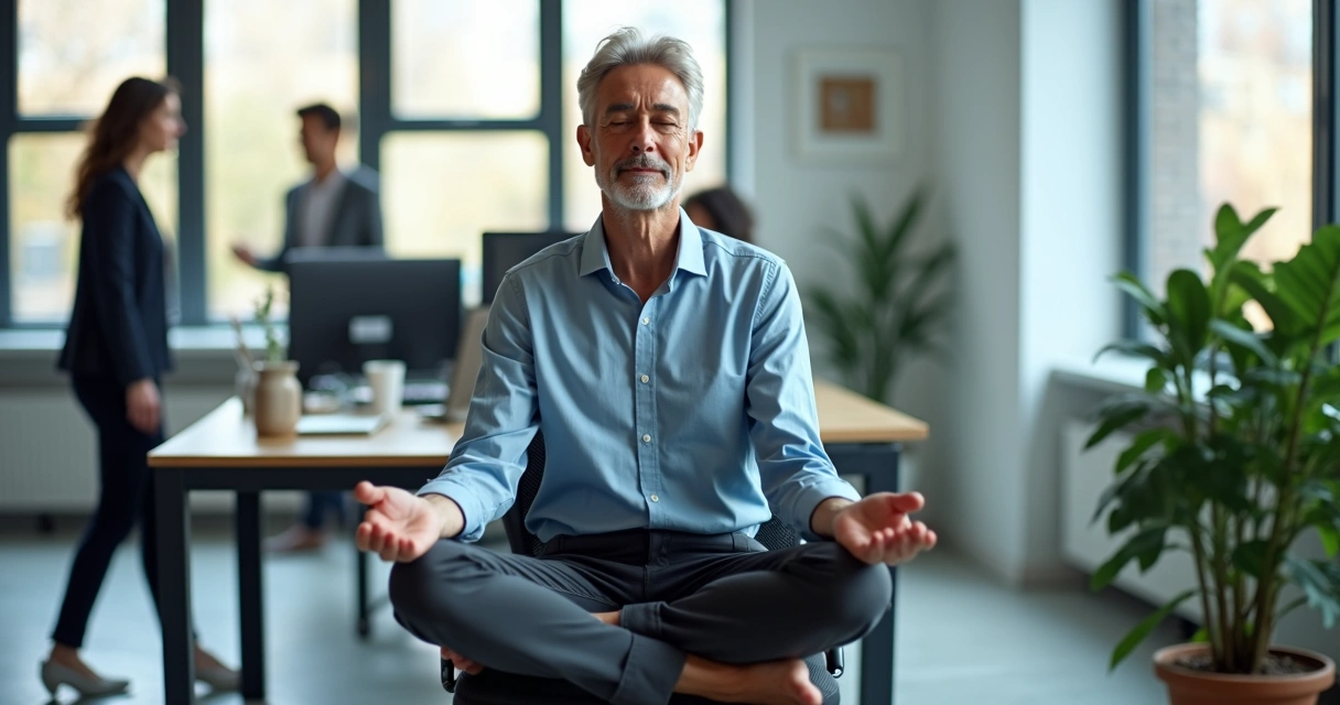 Pessoa sentada em cadeira com postura meditativa em escritório moderno 