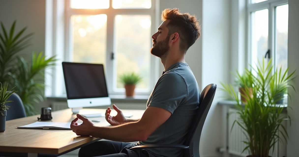 Pessoa fazendo pausa de meditação no escritório 