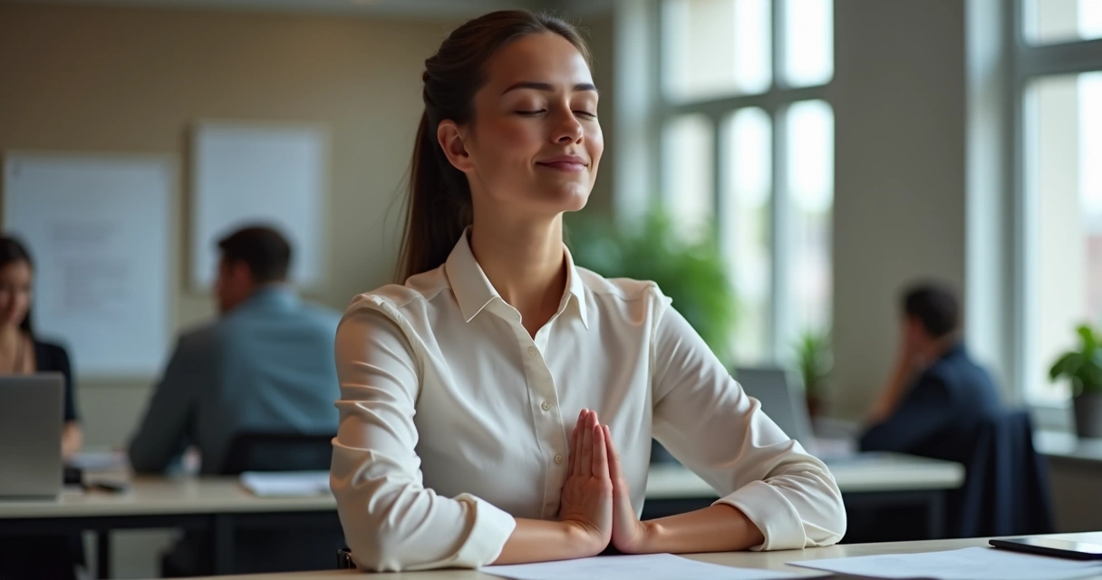 Profissional de escritório sentado, olhos fechados, praticando respiração consciente na mesa 