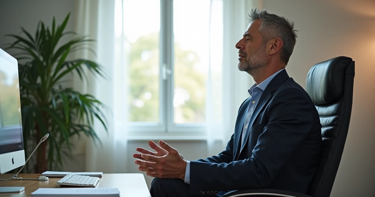 Pessoa sentada ereta em cadeira de escritório, olhos fechados, mãos sobre as pernas 