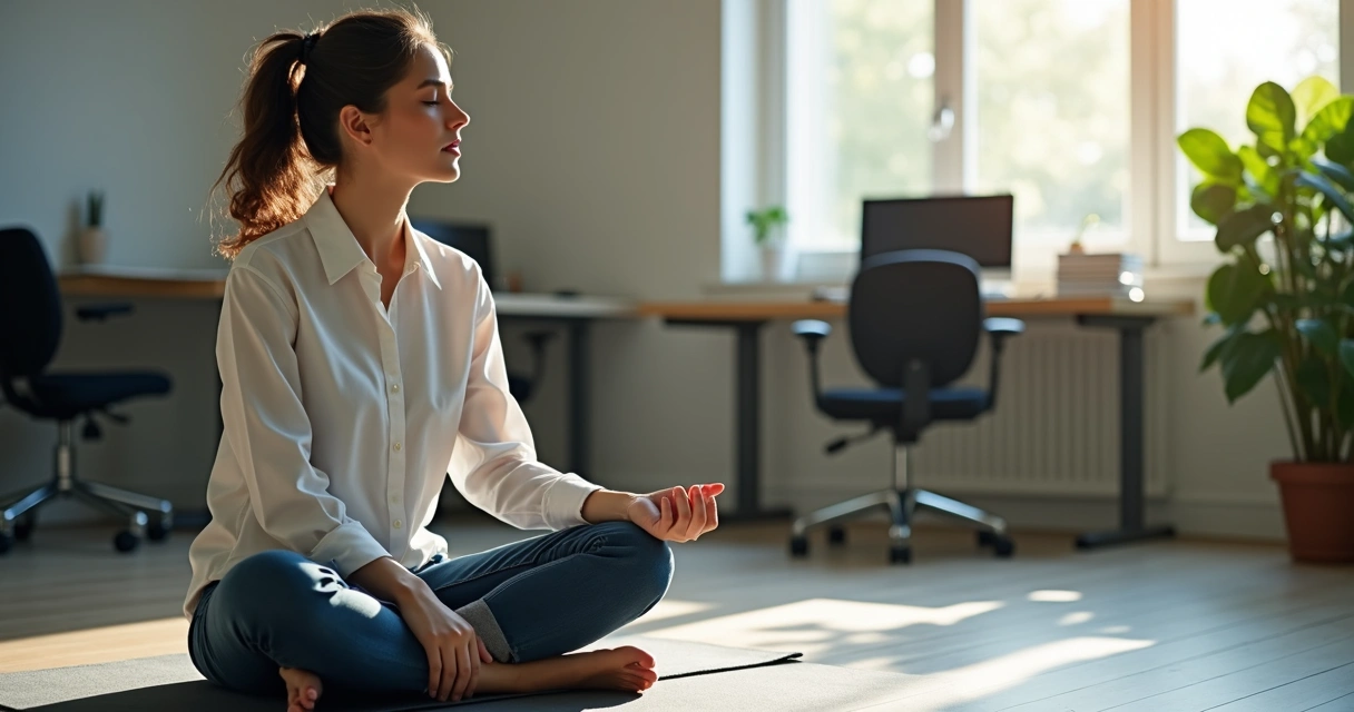 Colaborador fazendo pausa de meditação no escritório 