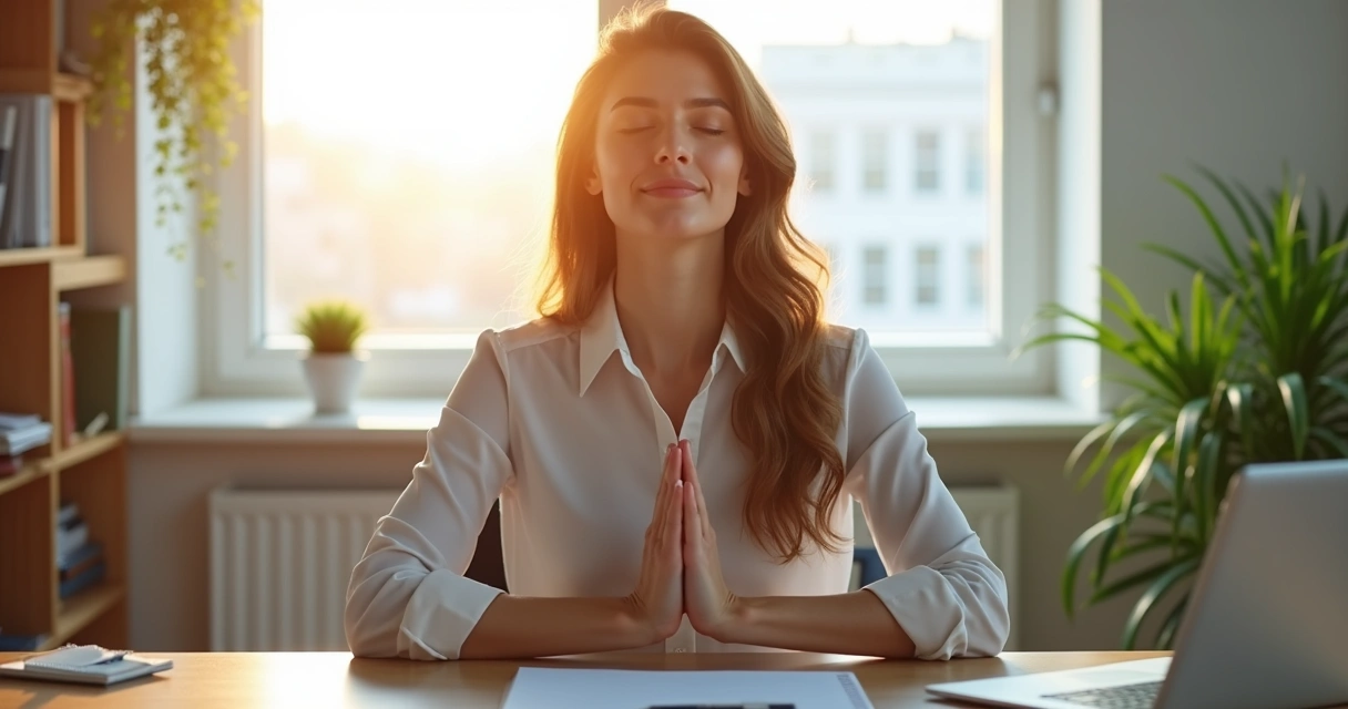 Pessoa sentada sozinha em mesa de escritório, olhos fechados, em postura de meditação, luz suave atravessando janela ao fundo. 