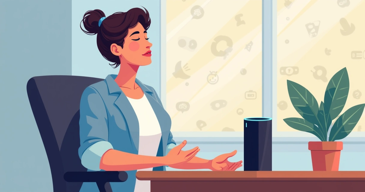 Pessoa relaxando em cadeira de escritório, ouvindo meditação guiada por assistente virtual 