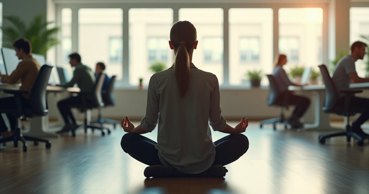 Pessoa sentada no escritório praticando meditação com olhos fechados 