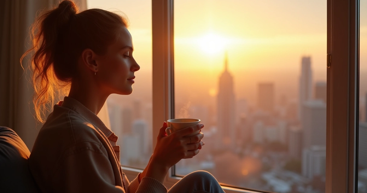 Mulher jovem segurando uma caneca de café, sentada junto à janela aproveitando um momento de pausa e contemplação ao amanhecer 