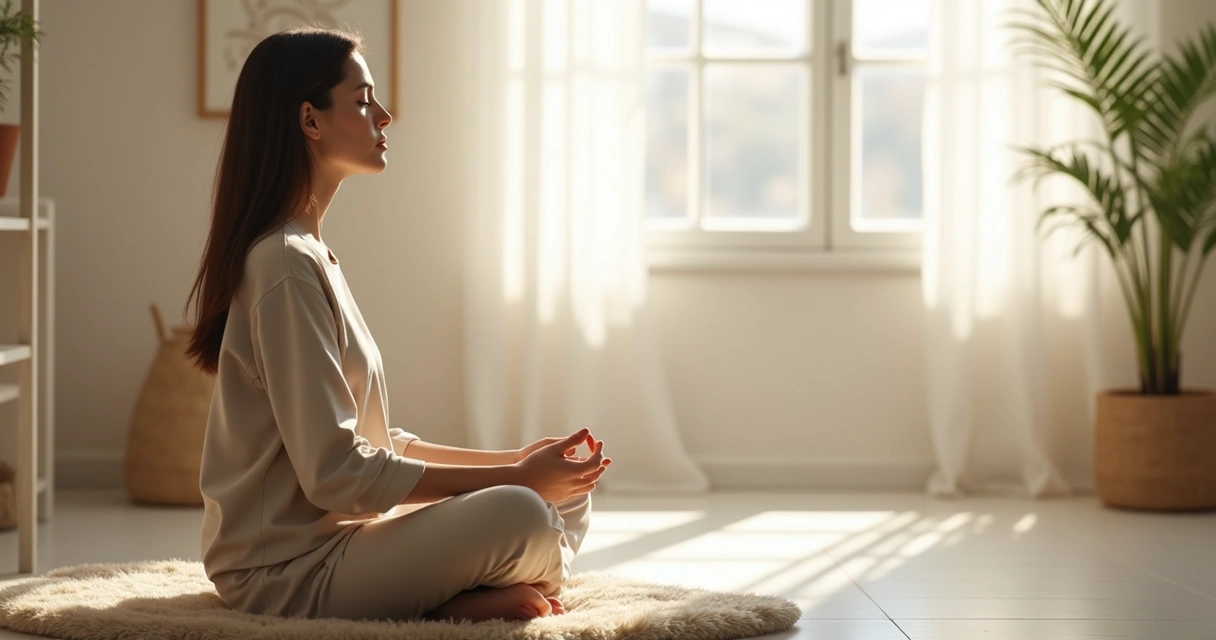 Pessoa sentada calmamente com olhos fechados e mãos sobre o colo, em ambiente iluminado e tranquilo 