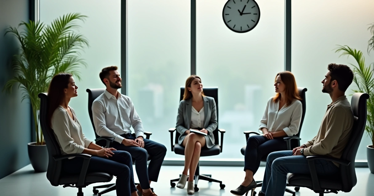 Equipe de trabalho em roda fazendo pausa meditativa 