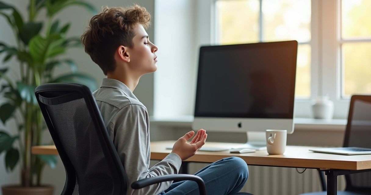 Pessoa sentada em cadeira de escritório fazendo uma pausa para meditação 