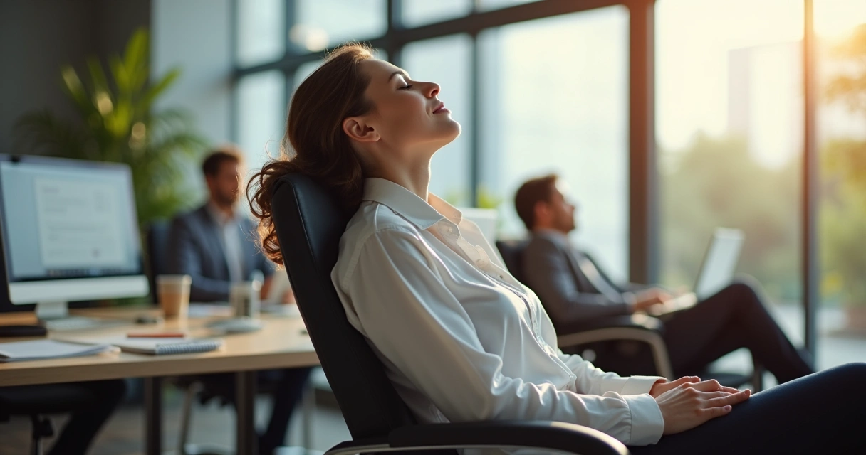 Pessoa sentada em cadeira de escritório com olhos fechados e mãos relaxadas no colo 