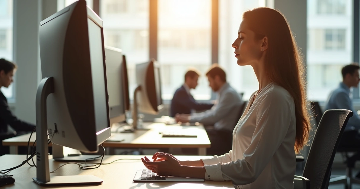 Pessoa sentada em uma cadeira de escritório com olhos fechados, praticando meditação em frente ao computador 