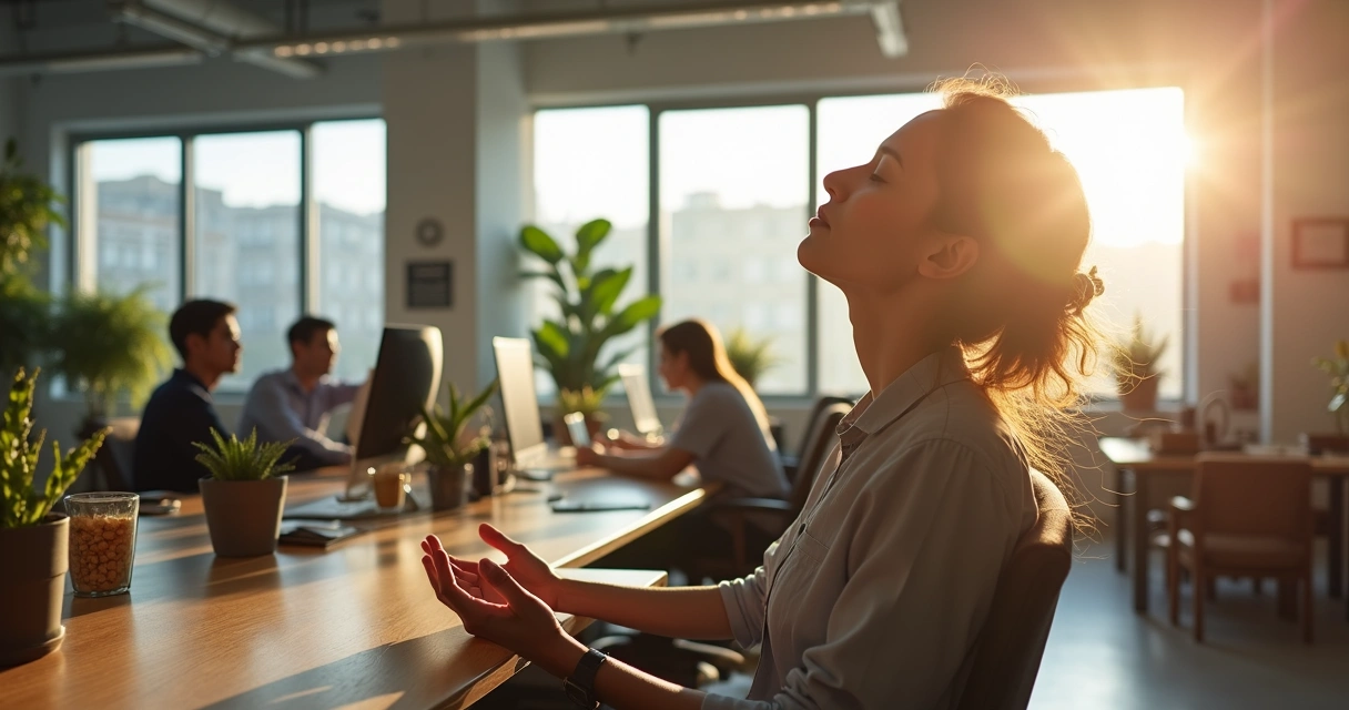 Pessoa sentada à mesa de escritório, olhos fechados, respirando fundo, com colegas ao fundo trabalhando 