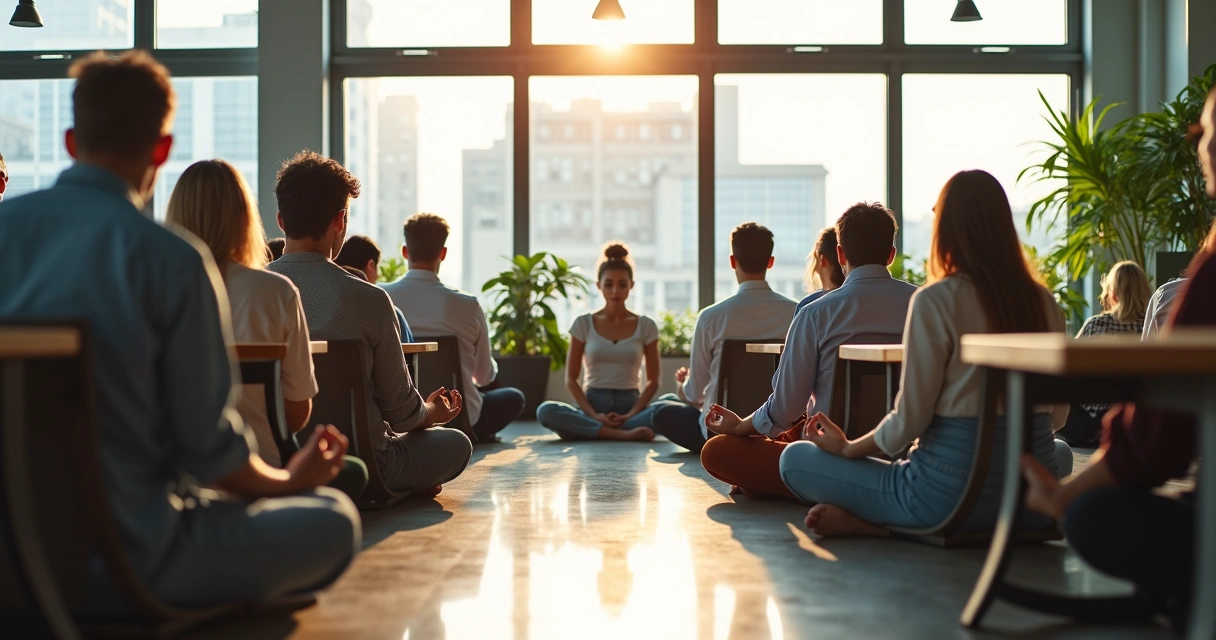Personas en una oficina moderna tomando una pausa de meditación junto a ventanales