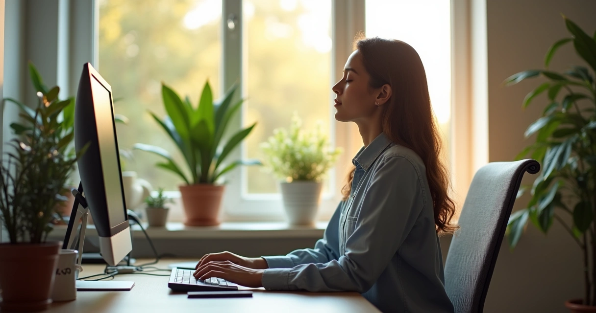 Persona sentada con los ojos cerrados frente a una computadora en oficina tranquila