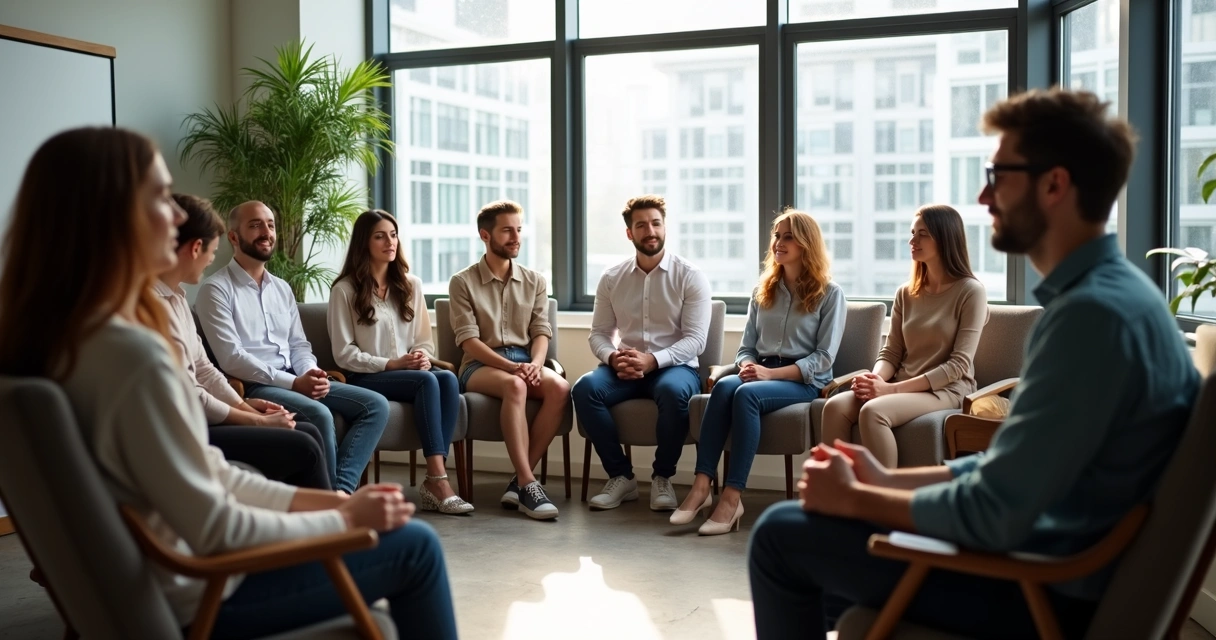 Profissionais de escritório sentados em círculo, em silêncio, praticando meditação juntos