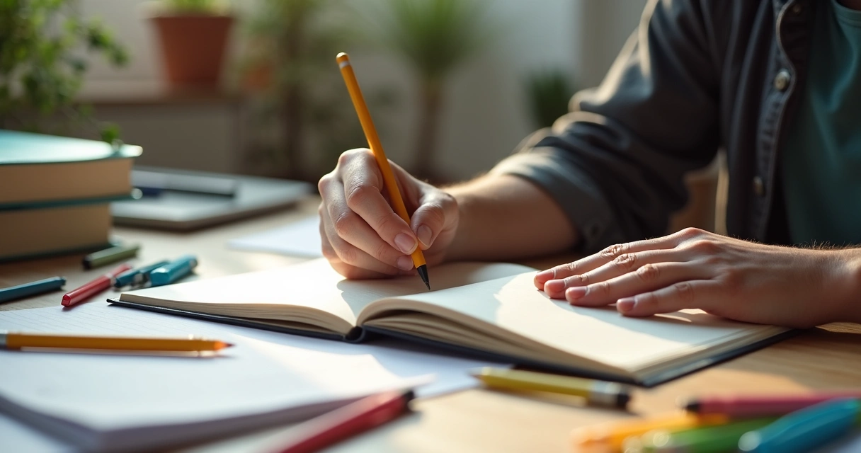 Mãos de estudante fechando um caderno em meio a livros para uma pausa de respiração