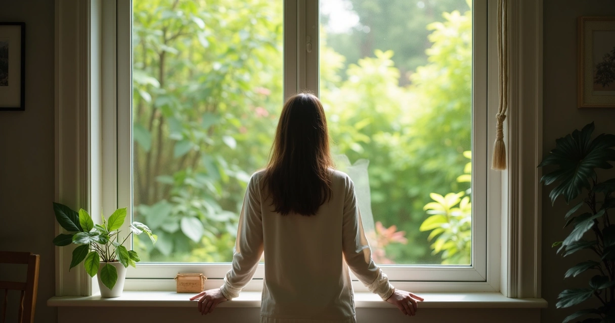 Pessoa em pé próximo a uma janela, olhando a paisagem, relaxando entre tarefas 