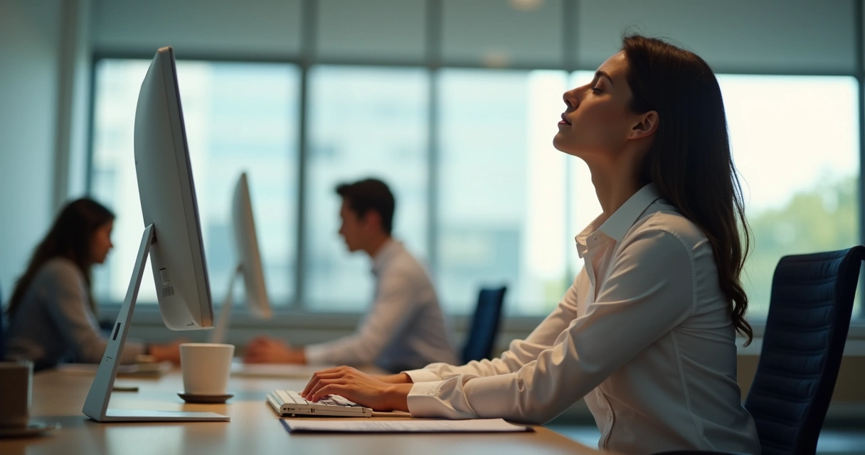 Persona sentada en la oficina con los ojos cerrados y las manos sobre las piernas.