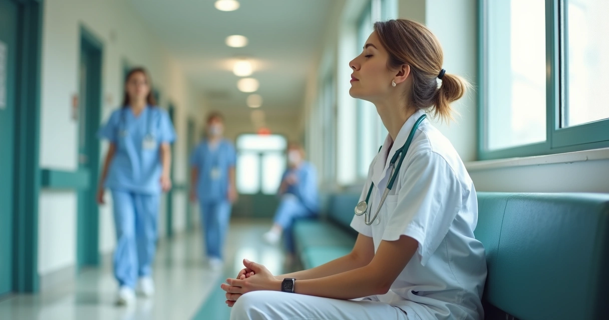 Profissional de saúde sentado, olhos fechados, em meditação silenciosa antes do plantão 