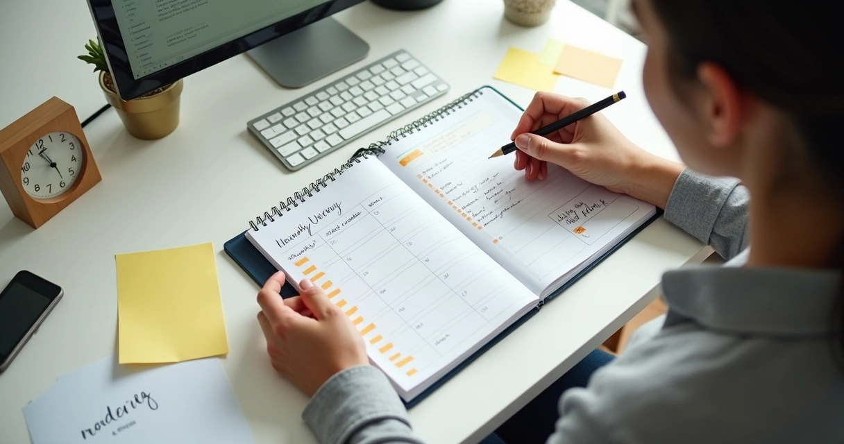 Persona revisando agenda mensual y notas en escritorio claro