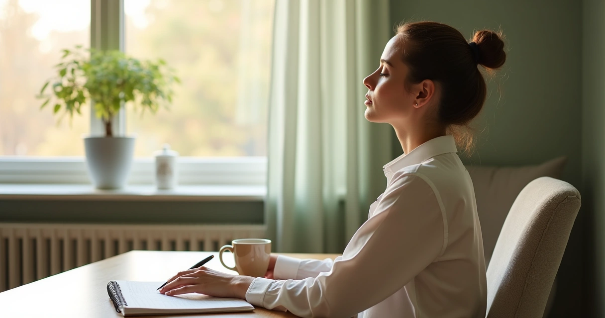Persona haciendo una pausa frente a agenda y taza de té