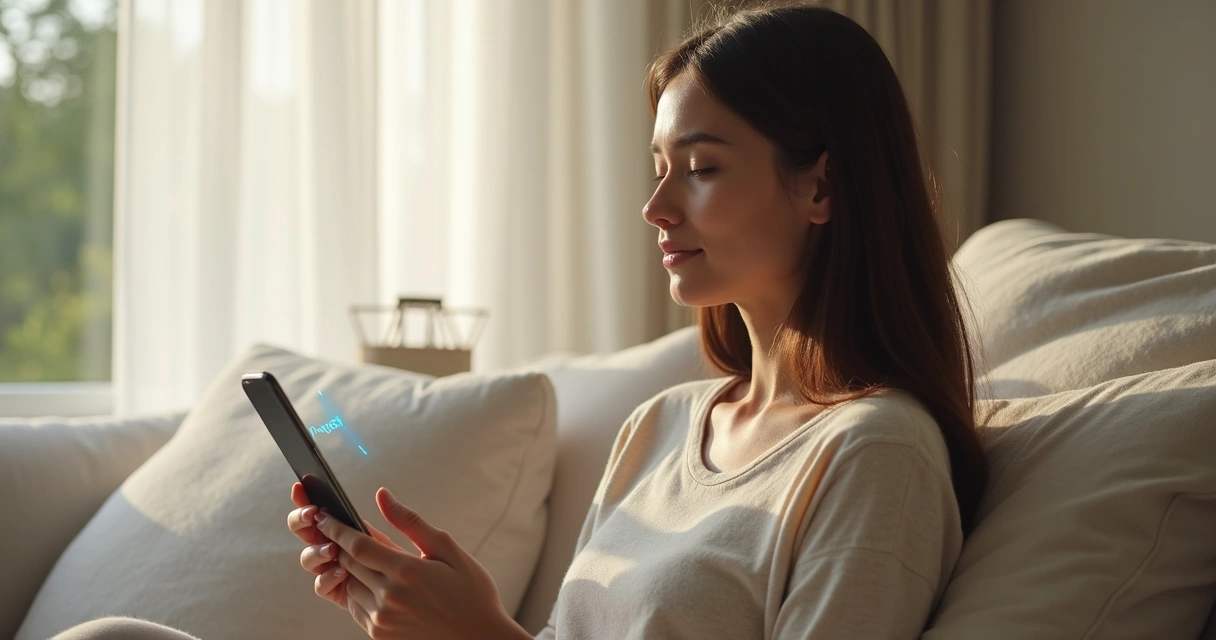 Pessoa olhando para o celular, sentado em um ambiente tranquilo 