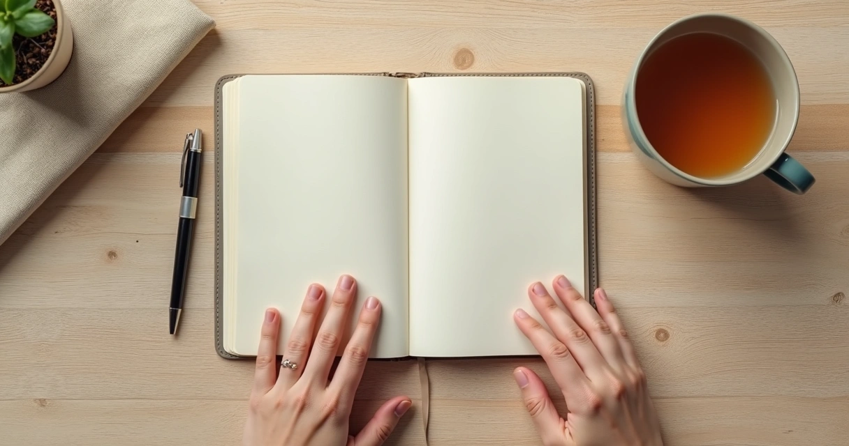 Cuaderno, taza y manos en descanso sobre una mesa de madera clara