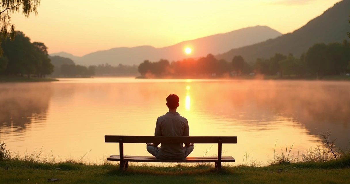 Pessoa sentada em meditação em um banco ao lado de um lago tranquilo ao pôr do sol 
