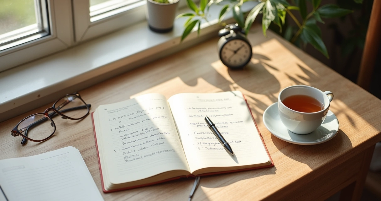 Mesa com caderno, chá e relógio em pausa reflexiva 