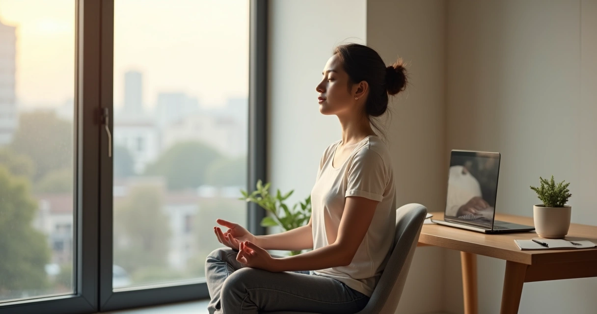 Pessoa em pausa mindful respirando perto da janela em ambiente de trabalho moderno 