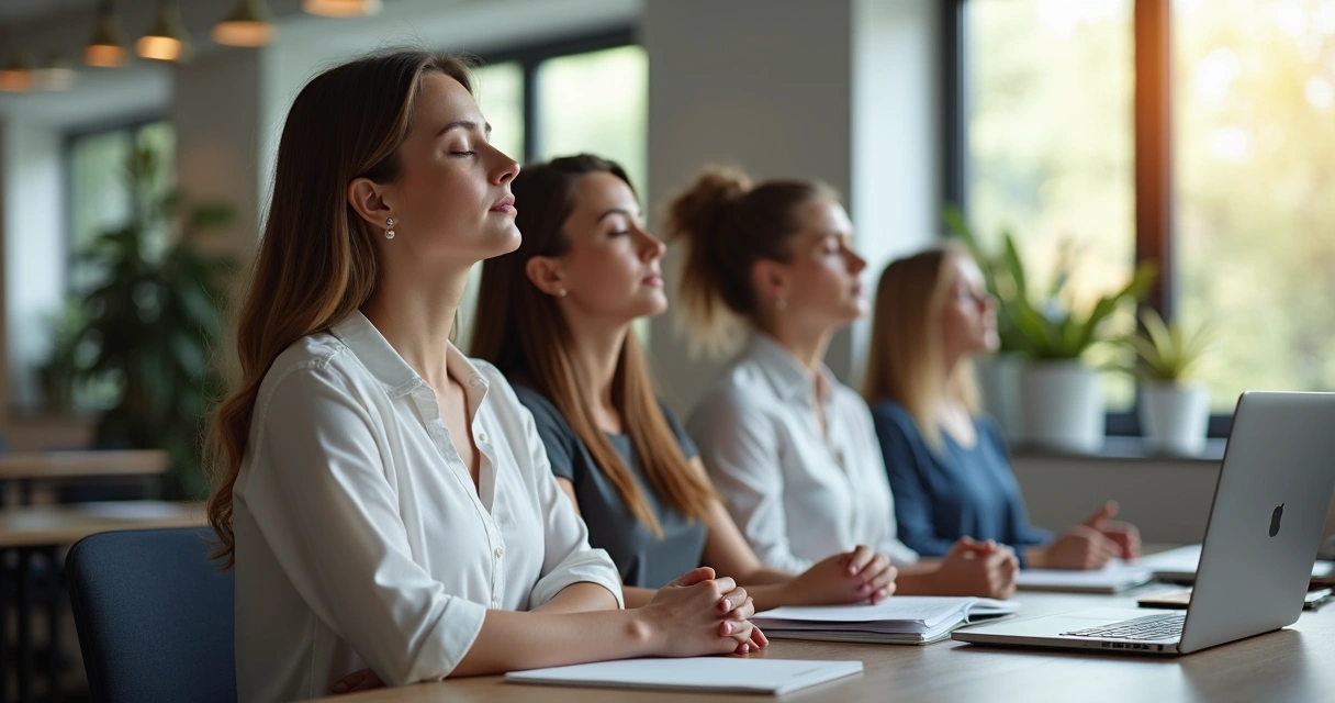 Grupo reunido em escritório quieto durante exercício de mindfulness. 