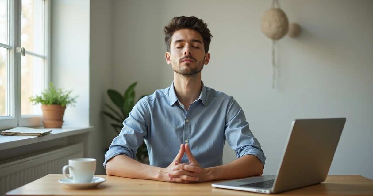 Homem sentado em escrivaninha de home office fazendo pausa para meditação 