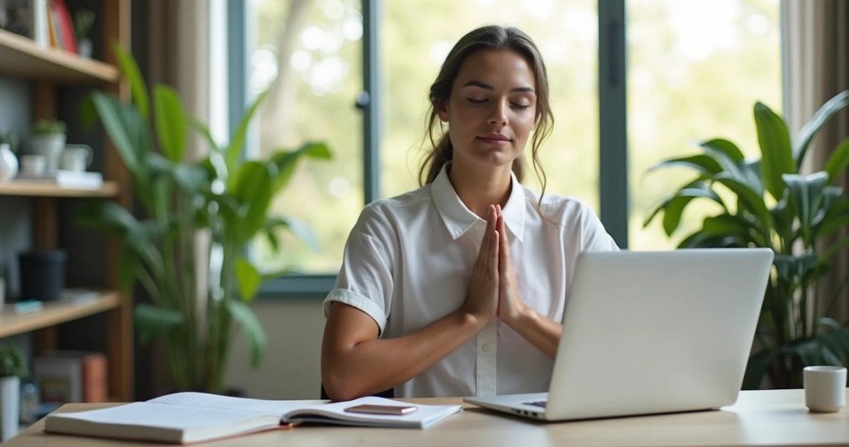 Pessoa sentada fazendo pausa consciente no trabalho 