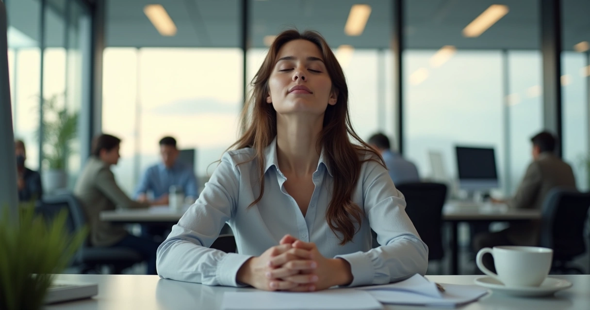 Pessoa sentada em cadeira de escritório fechando os olhos e respirando fundo