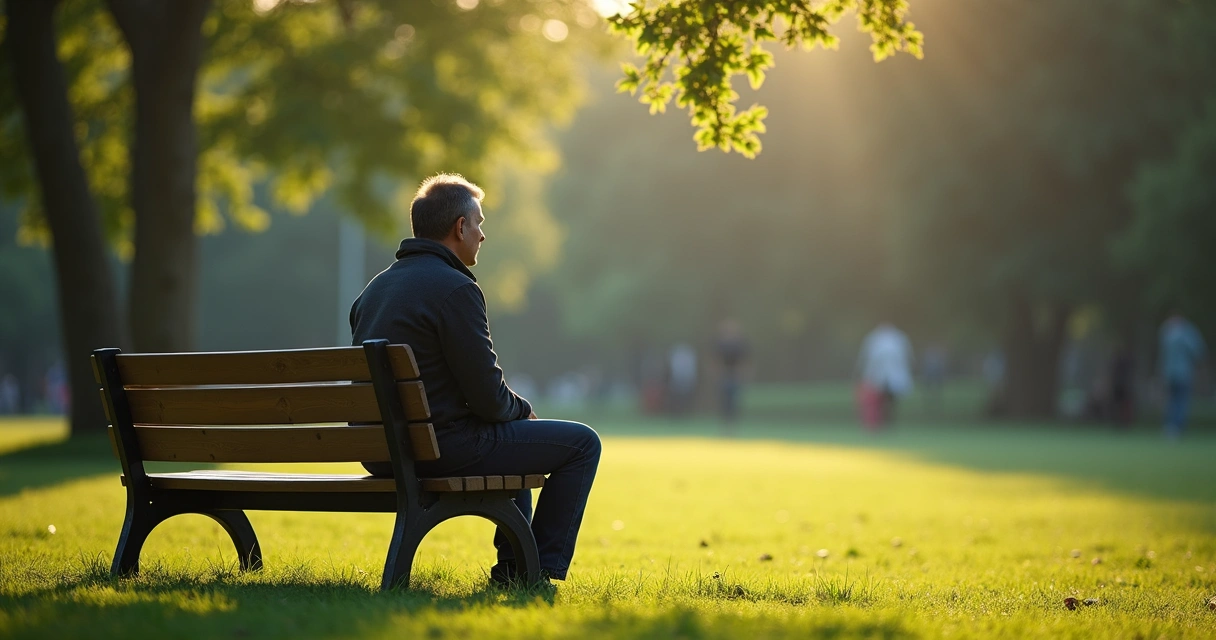 Persona sentada en banco de madera en parque rodeado de árboles 