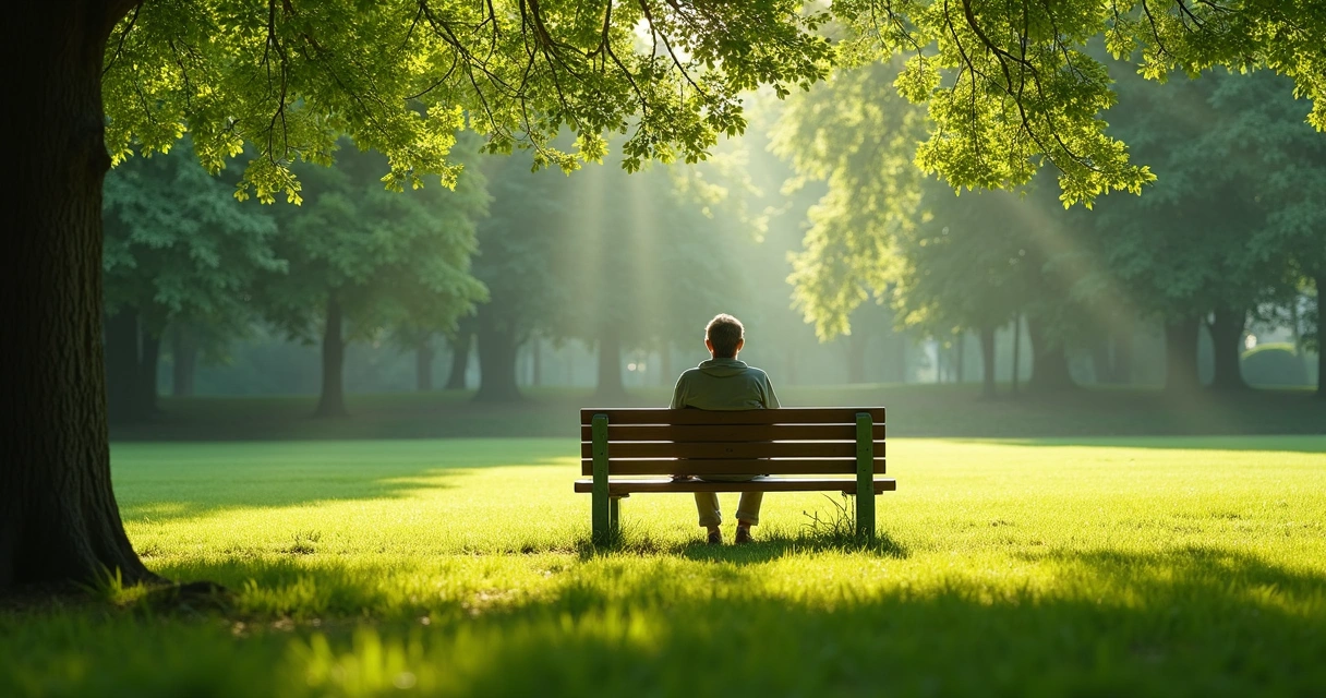 Pessoa fazendo pausa em área verde, olhando árvores ao longe 