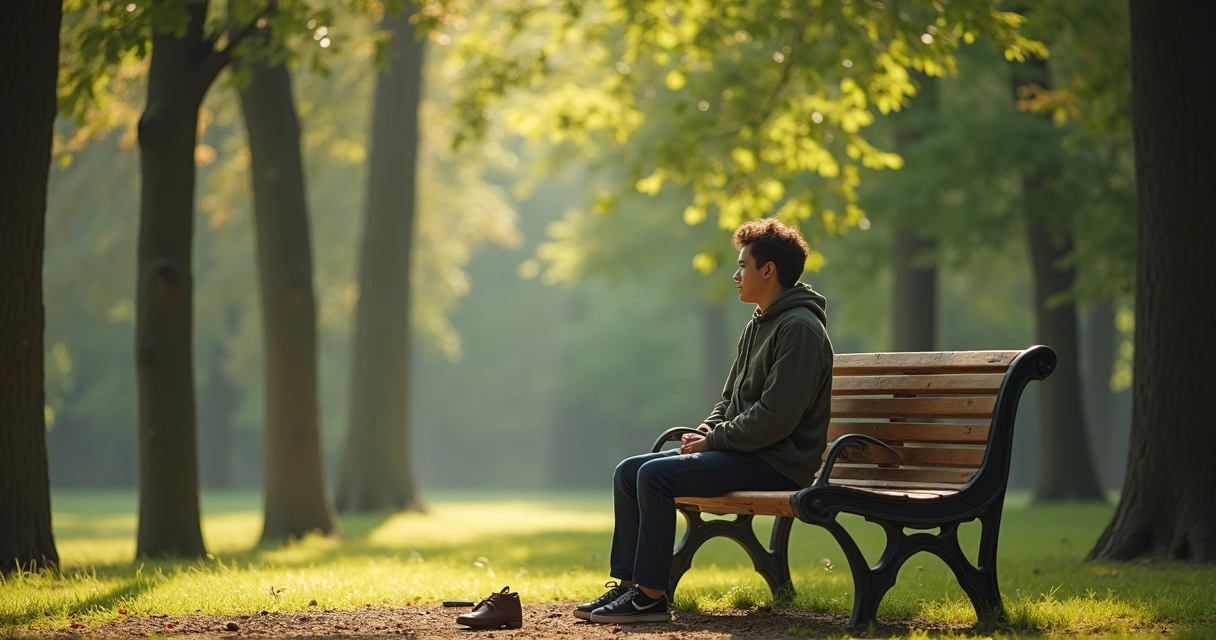 Pessoa sentada em um banco na natureza, contemplando as árvores