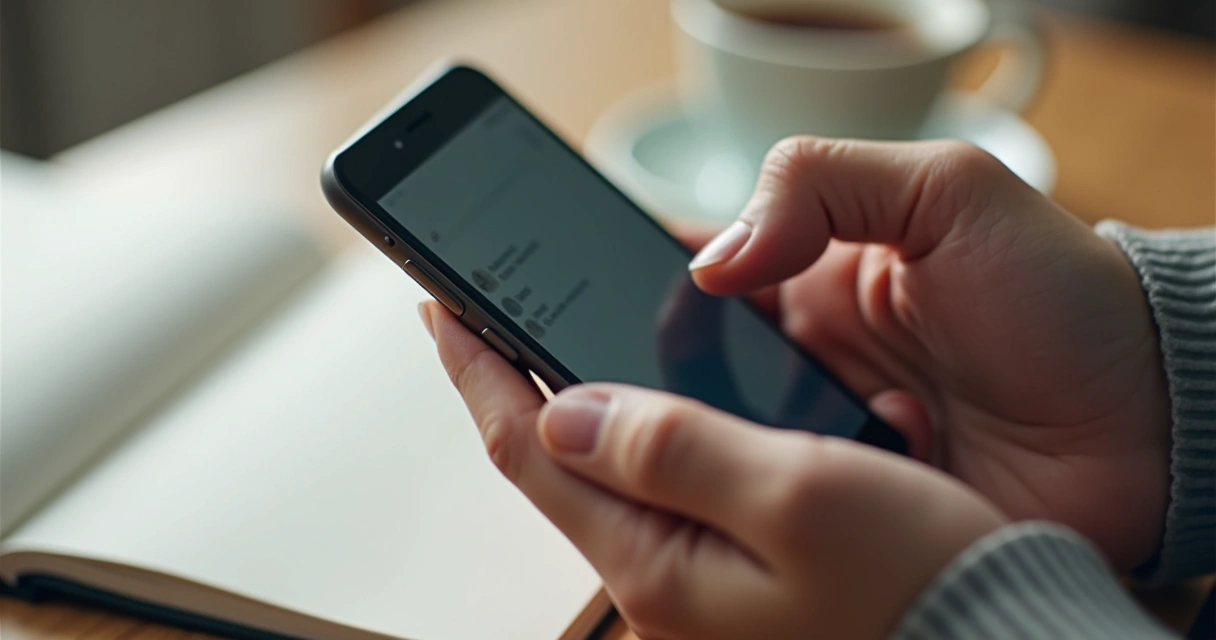 Mãos segurando celular com gesto de pausa antes de responder