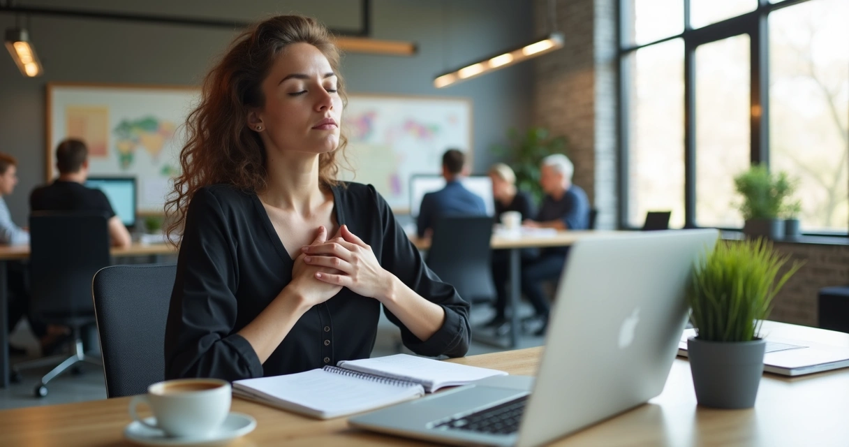 Pessoa sentada na mesa do escritório, olhos fechados, mãos sobre o peito, respirando, com luz suave vinda da janela