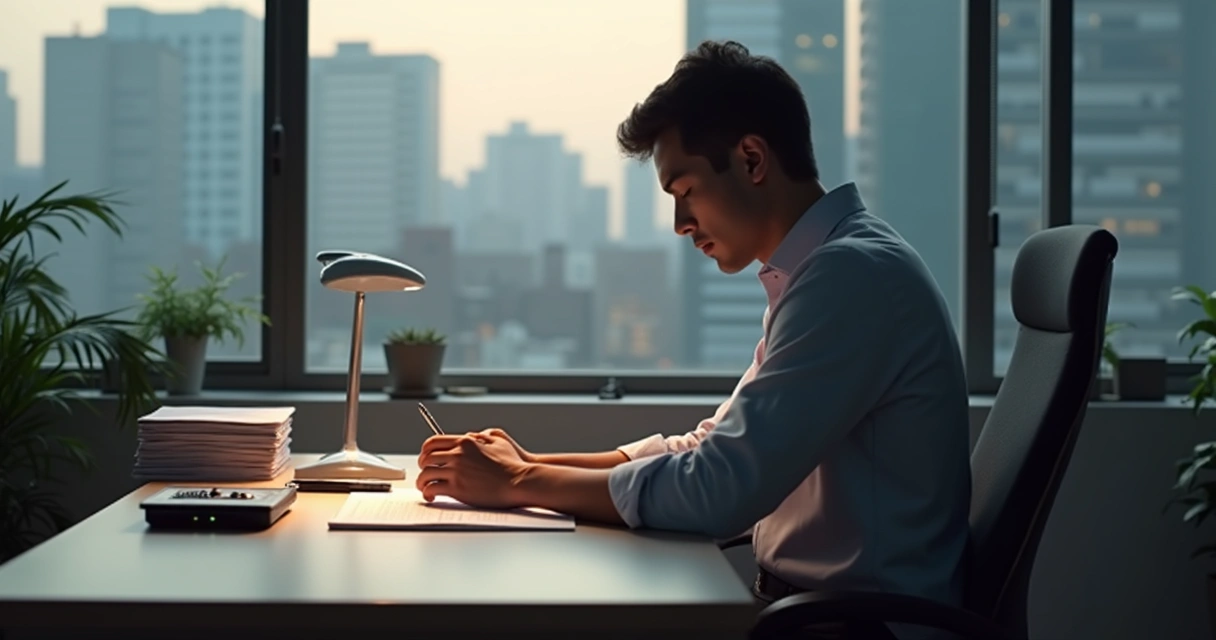 Pessoa em ambiente de trabalho sentada à mesa, fazendo uma pausa com olhos fechados e mãos relaxadas sobre o colo. 