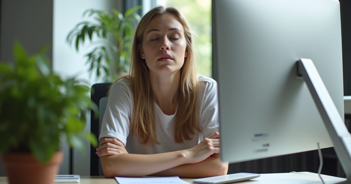 Pessoa em sua mesa de trabalho fazendo uma pausa com olhos fechados 