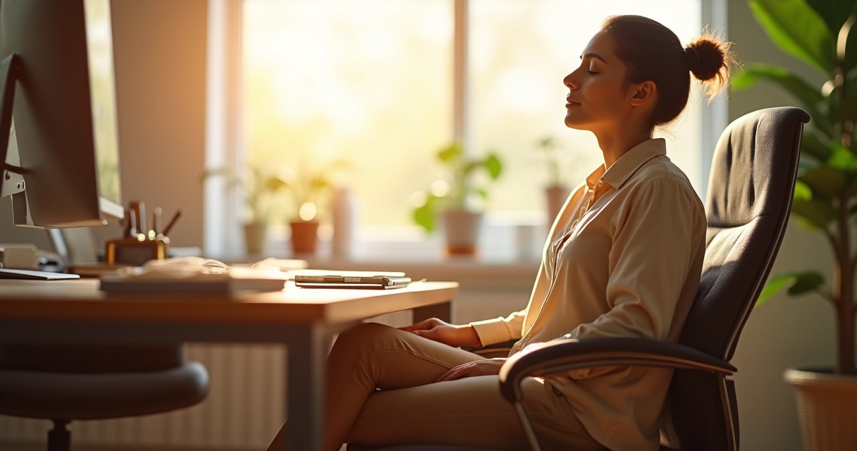 Pessoa sentada em uma cadeira de escritório, fechando os olhos e respirando fundo, com fundo suave e luz natural