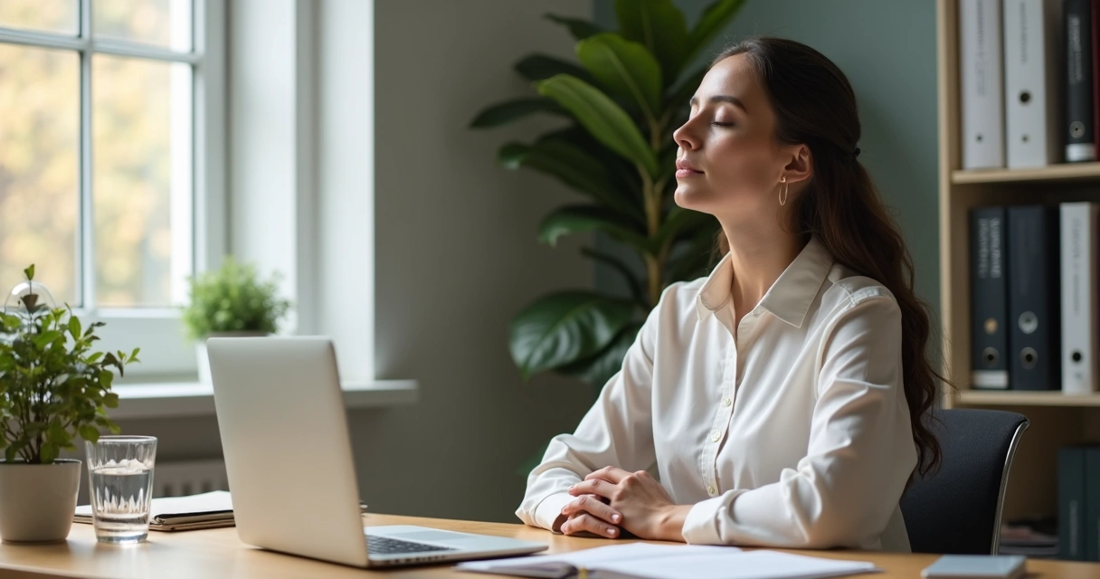 Profissional fazendo pausa consciente na mesa de trabalho