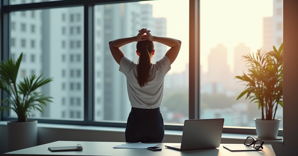 Pessoa de pé do lado de mesa de trabalho, fazendo pausa e alongando o corpo 