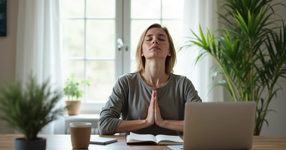 Pessoa fazendo pausa de respiração na frente do computador, sentado em mesa de trabalho 